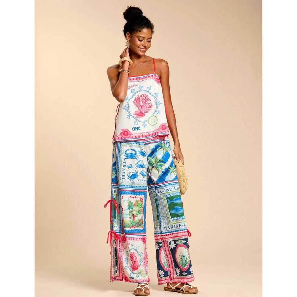 Nautical Marine Print Piece Set Camisole and Wide Leg Tie Side Pants XL